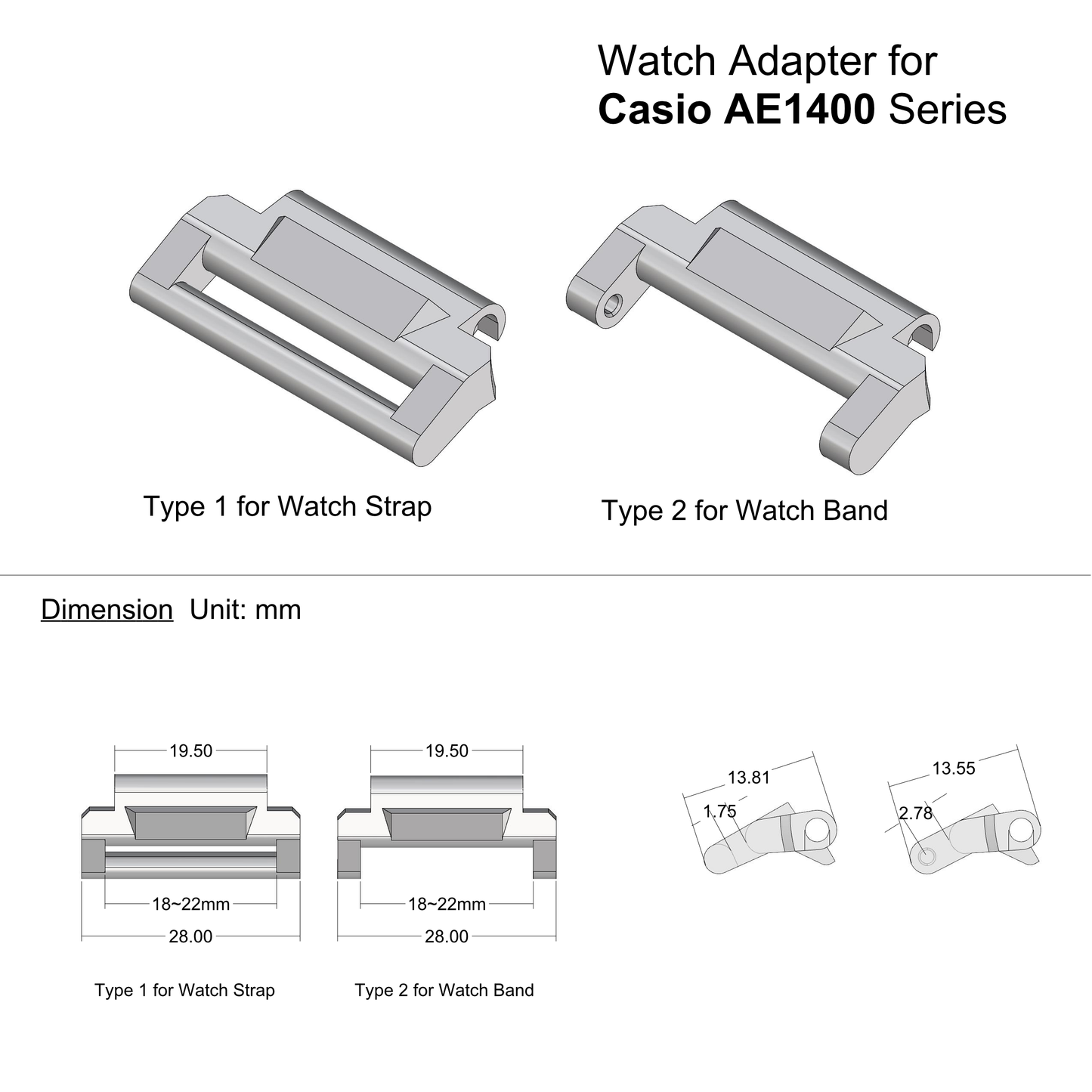 PLA Watch Adapter Compatible with Casio AE1400 Series, Multiple Colors Available