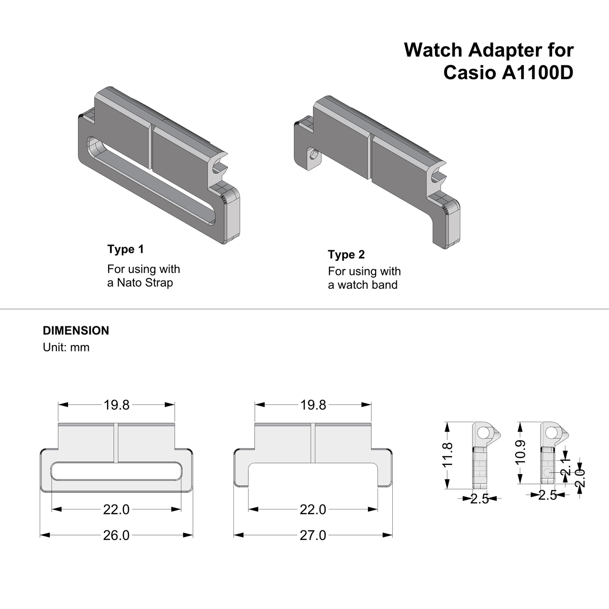 Casio A1100D watch adapter spec sheet with dimensions