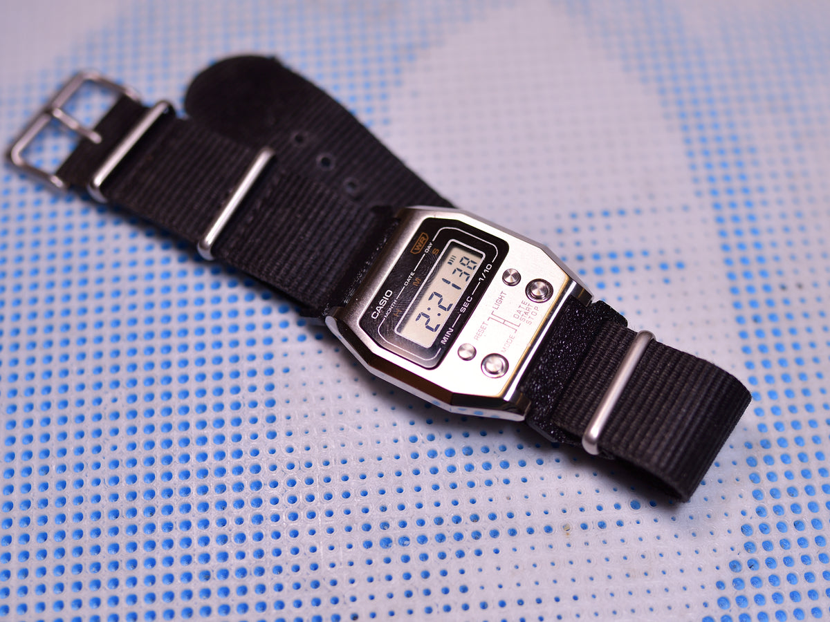 Casio AD1100D with black nylon strap fitted, front view