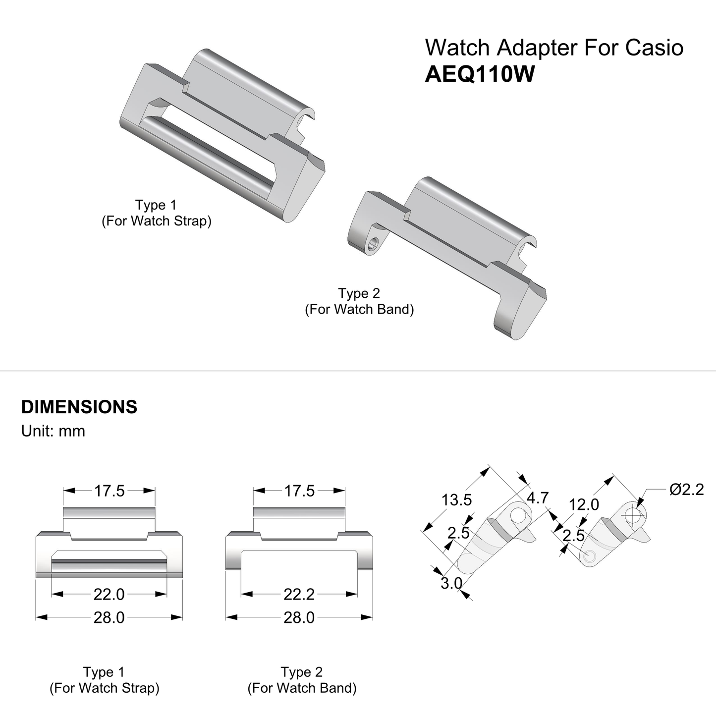 Watch Adapter for Watch Band or Watch Strap Compatible with Casio AEQ110W