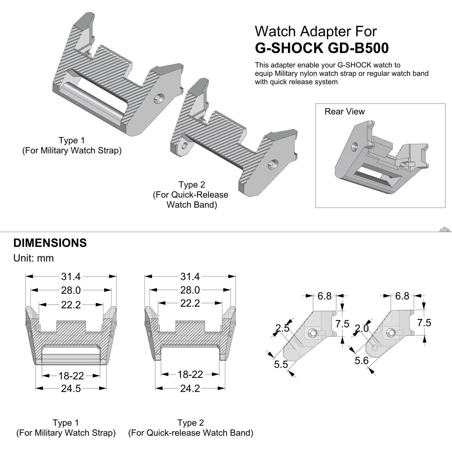 Tough Resin Watch Adapter For G-Shock GD-B500 Series