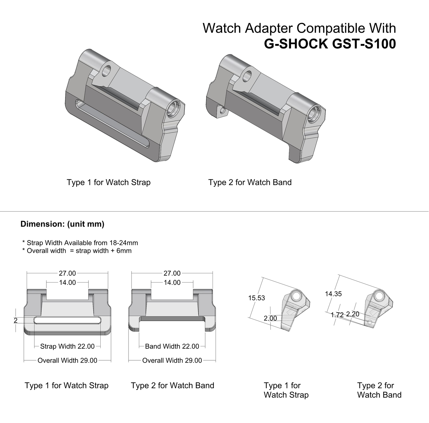 Tough Resin Watch Adapter Compatible With G-Shock GST-S100, GST-W300