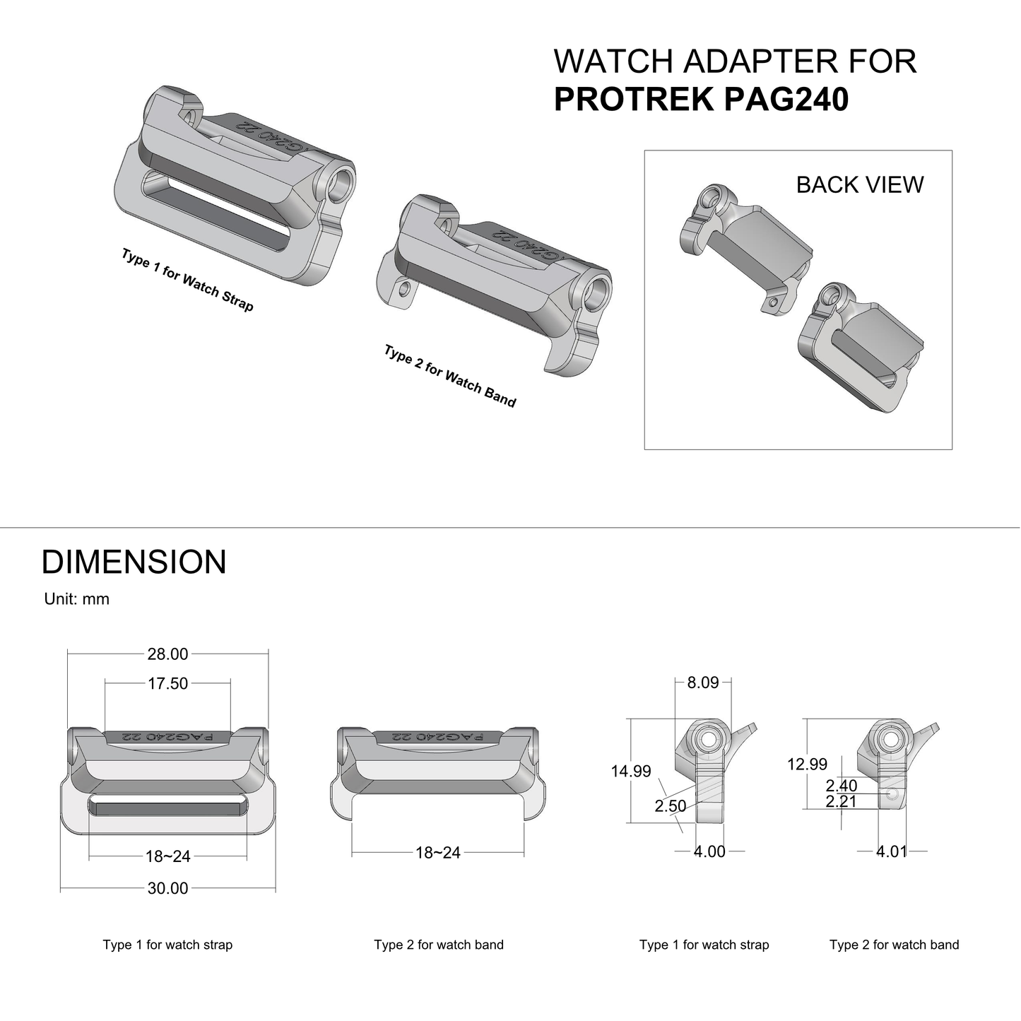 Tough Resin Watch Adapter for ProTrek PAG240 - Strap Converter