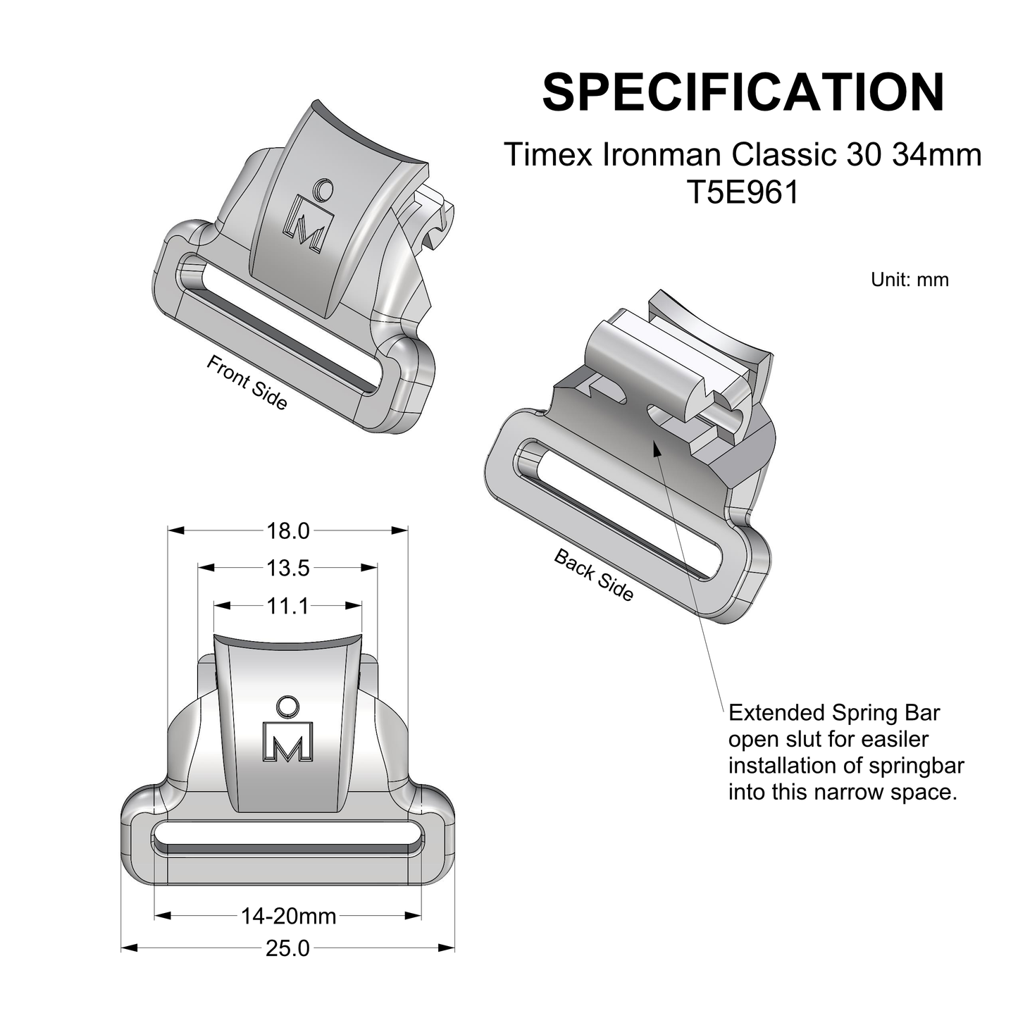 Straps Adapter For Timex Ironman Classic 30 34mm watch - T5E961, T5K756, T5K019, and Similar Watches