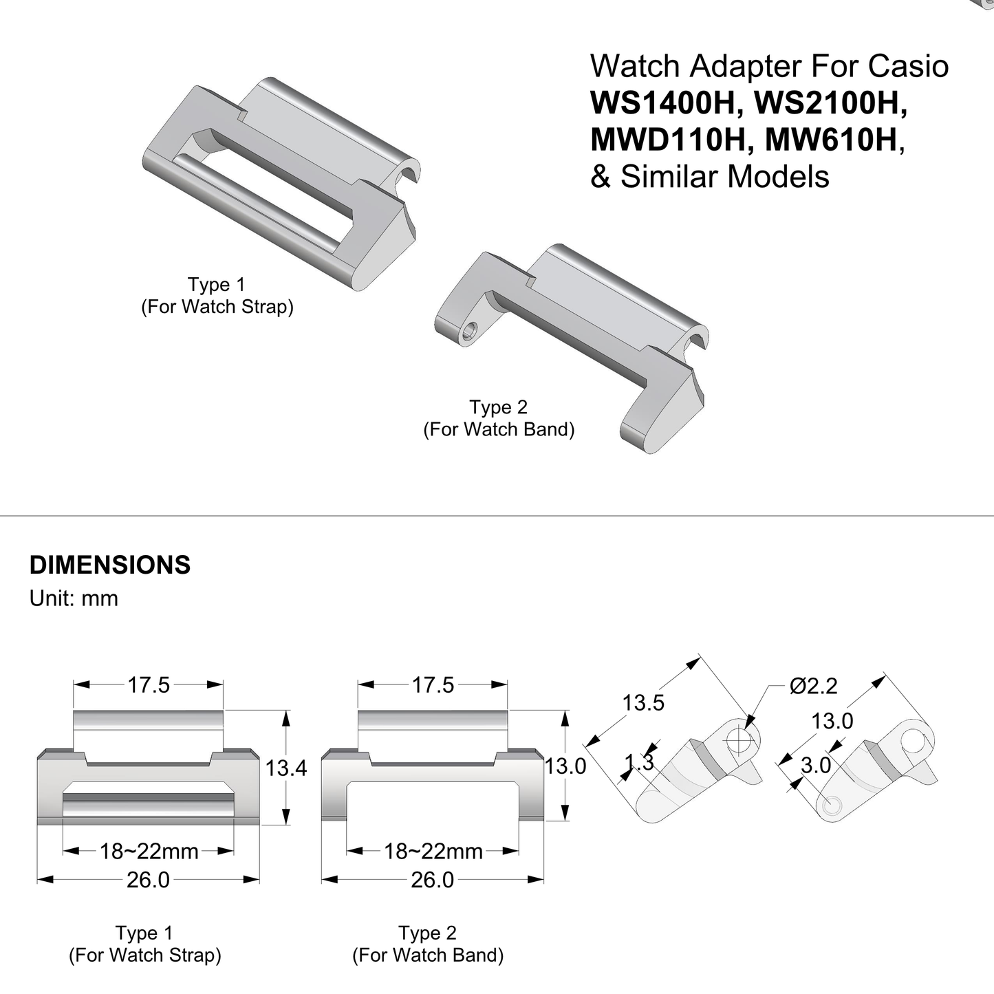 PLA Watch Adapter for Casio AQS-820W Series Watches