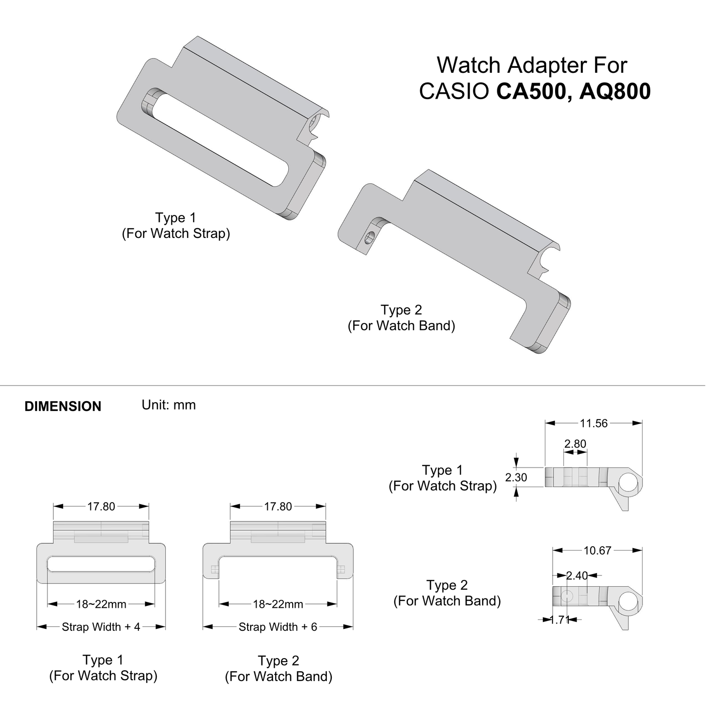 PLA Watch Adapter for CA500 / AQ800 | 18–22mm Strap Conversion | PLA | Multiple Colors