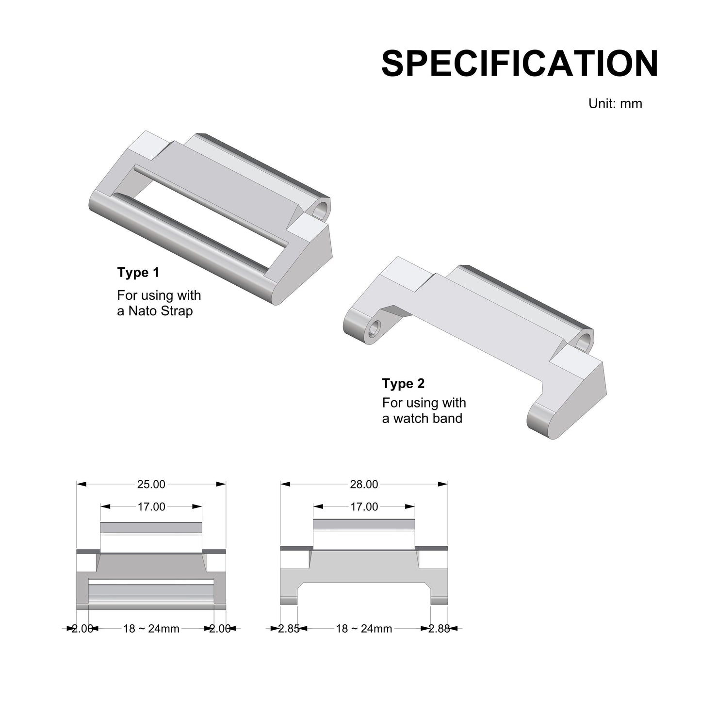 PLA Strap & Band Adapter for Casio W-736H, DW-291, TRT-110H, AE-1500, WS-1500, HDC-700 Series, MCW100H or similar models - Multiple Color Available