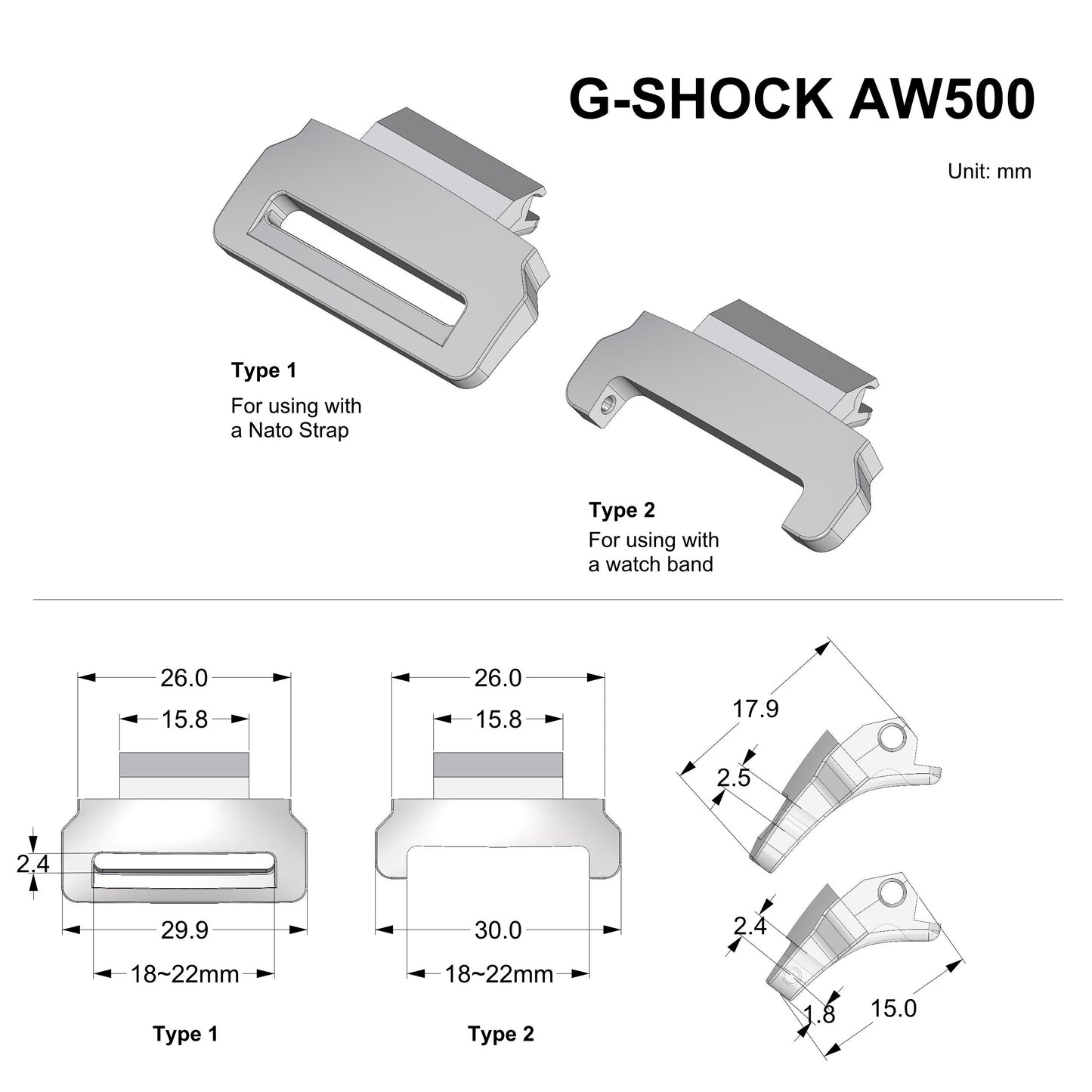 Tough Resin Strap and Band adapter for G-Shock AW-500 Series