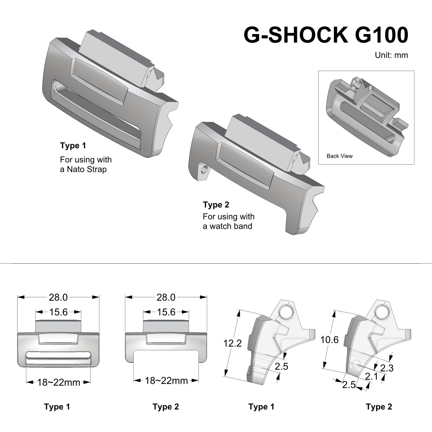 Factory Style Tough Resin Strap and Band adapter for G-Shock G100 Series