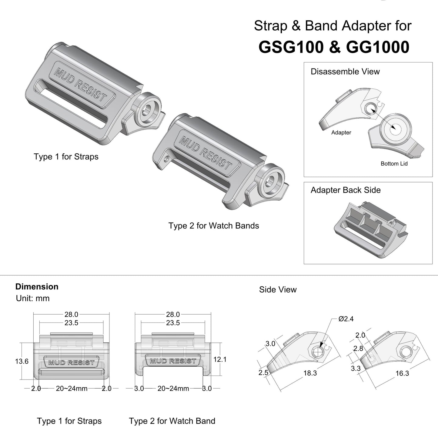 Tough Resin Strap & Band Adapter For G-Shock GSG-100, GG1000