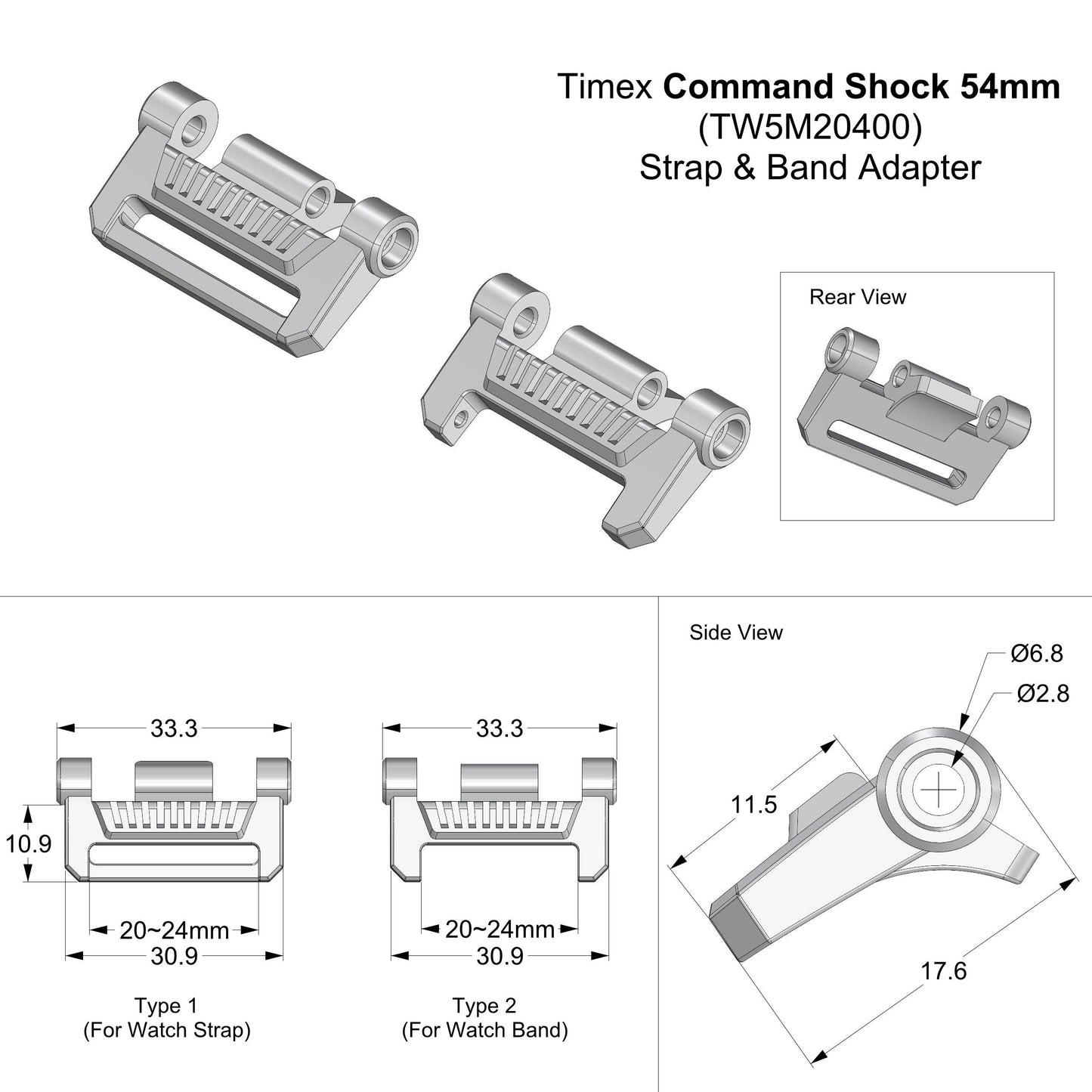 Straps Adapter For Timex Command Shock Digital CAT 54mm TW5M20400