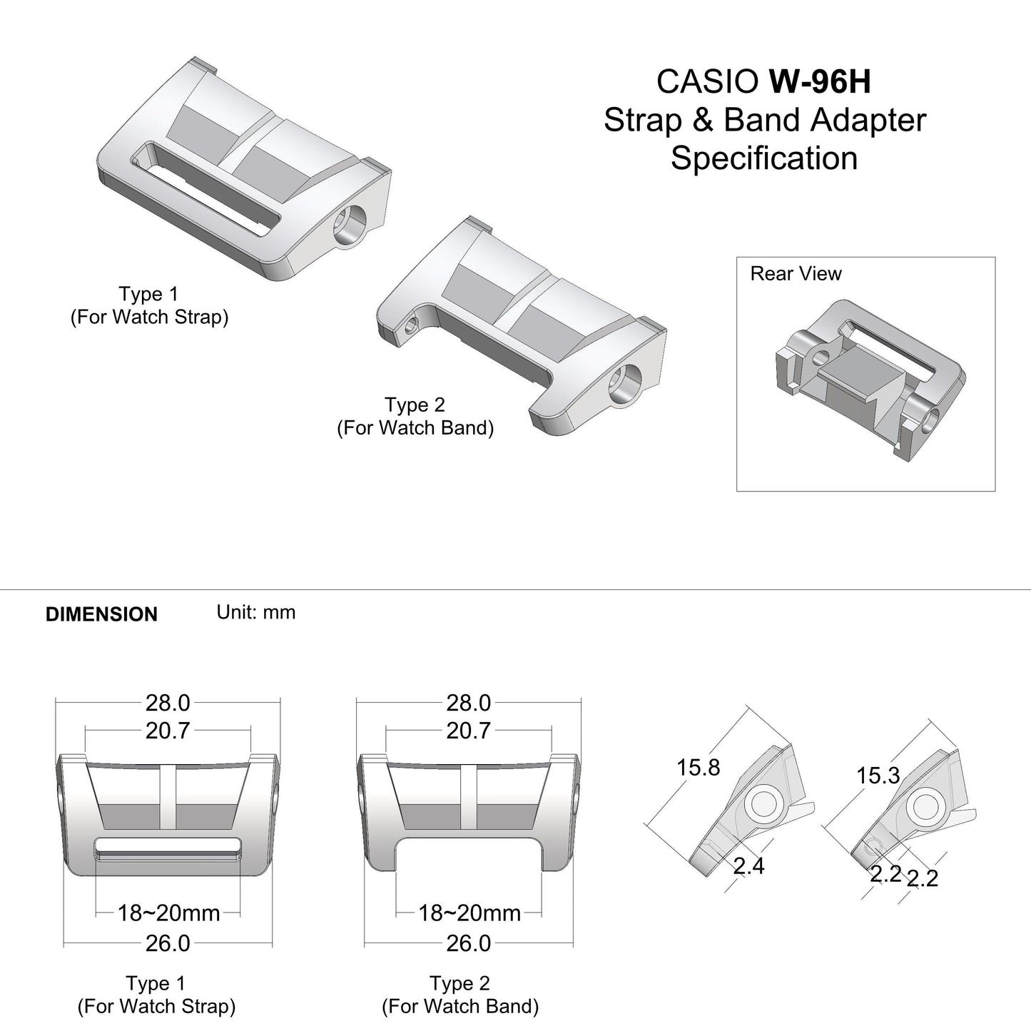 Tough Resin Strap & Band Adapter For Casio Digital W96H Series