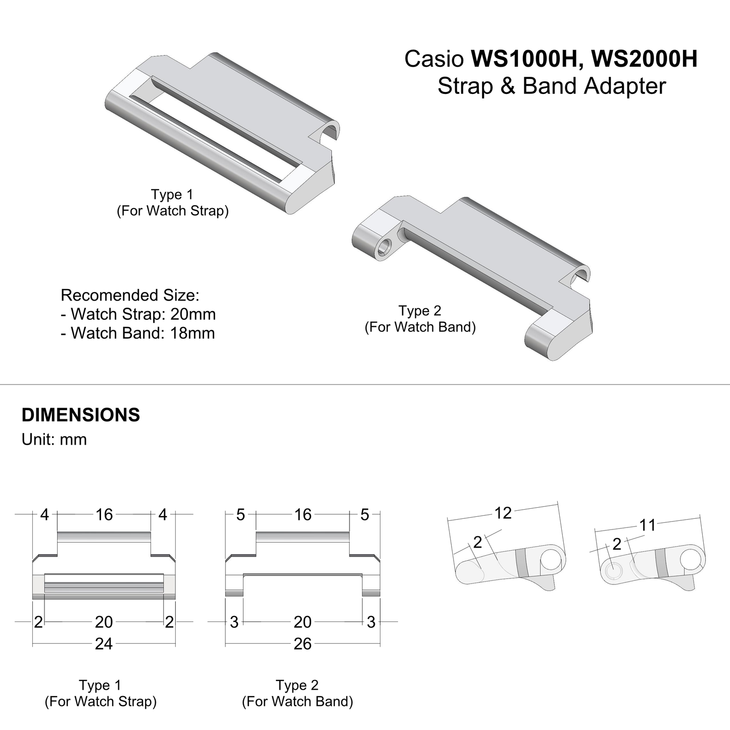 Watch Strap & Band adapter for Casio WS1000H & WS2000H- 3D Printed - Multiple Color Available