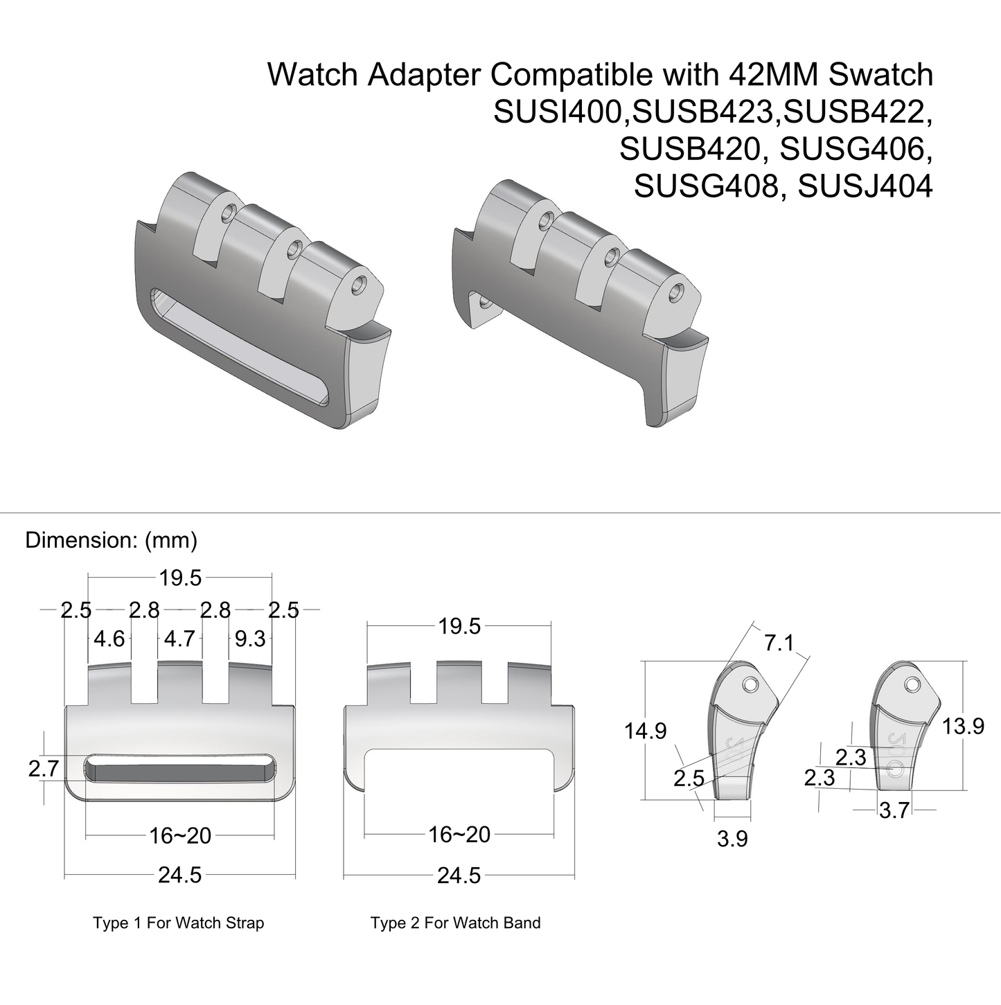 Watch Strap Adapter for Swatch SUSI400 Chrono 42mm or Similar style watches